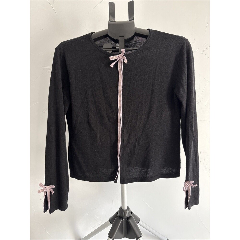 Fio USA Silk Cashmere Blend Bow Tie Open Front Cardigan Black/Lavendar Size XL